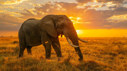 Fototapeta na wymiar African elephant walking during sunset
