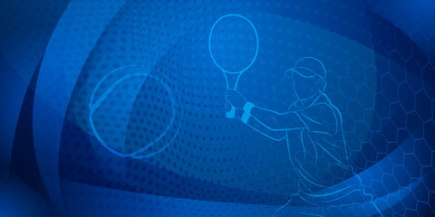 Tennis themed background in dark blue tones with abstract meshes, curves and dots, with a male tennis player in action, holding a racket to hit the ball away