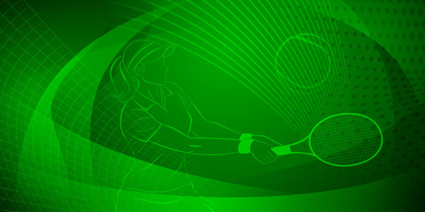 Tennis themed background in dark green tones with abstract lines, curves and dots, with a female tennis player in action, swinging a racket to hit the ball away