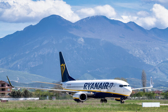 Ryanair aircraft landed at Tirana International airport in Albania with the mount of Dajti  on the background