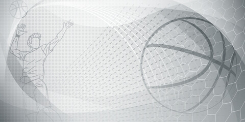 Basketball themed background in gray tones with abstract lines, meshes and dots, with a male basketball player and ball