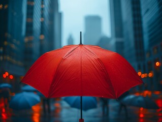 red umbrella on top of other blue umbrellas against a city background. Business and security concept