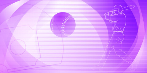 Baseball themed background in purple tones with abstract lines and curves, with silhouettes of a baseball field, ball and batsman