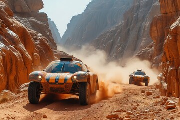 Desert Off-Road Rally Off-road vehicles racing through a desert terrain in a rally