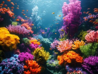 coral reef teeming with marine life, vibrant colors of corals, fish, and underwater plants - 778243987