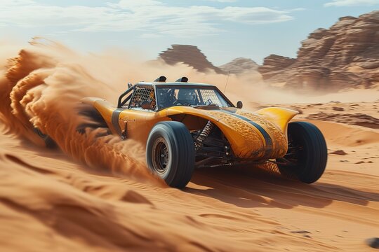 Desert Dune Buggy Off-road dune buggy racing through sand dunes in a desert