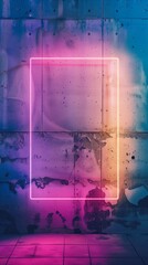 Vertical photo of close up wall with neon square for copy space text