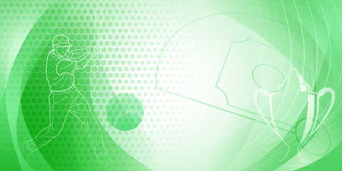 Baseball themed background in green tones with abstract dots and curves, with silhouettes of a baseball field, cup, ball and batsman