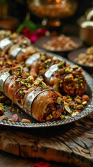 A platter of luxurious kaju anjeer rolls, filled with a mixture of cashews and figs, garnished with silver vark and chopped pistachios, delicious food style, blur background, natural look - obrazy, fototapety, plakaty