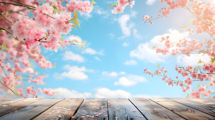Spring sakura blossom and wooden table top with blue sky background for product display montage
