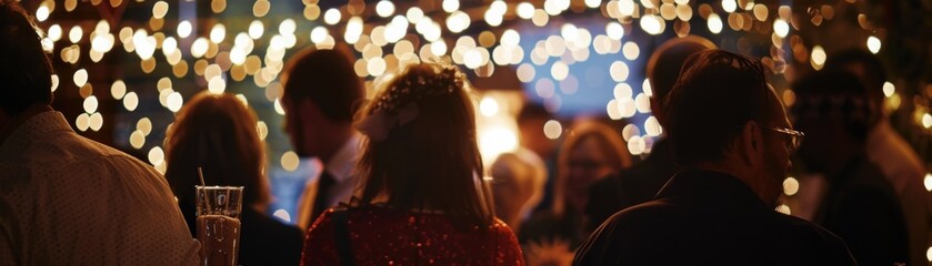 Crowdfunding platform launch event, wide shot, festive lights, candid style, community vibe no dust