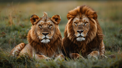Two lions, a male and a female, sit in the grass. The male has a mane. They are both looking at the camera