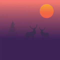 Vector illustration of two deer silhouetted against a deep, colorful sunset in a misty forest. Perfect for wildlife, nature, or atmospheric artwork, emphasizing serenity and tranquility