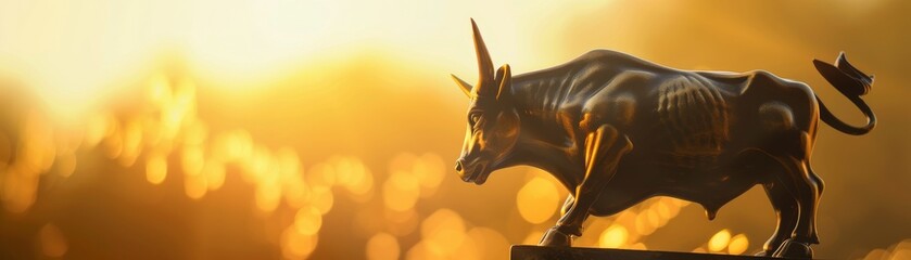 Bull statue with rising stock charts, golden hour light, side angle, symbol of growth low texture - obrazy, fototapety, plakaty