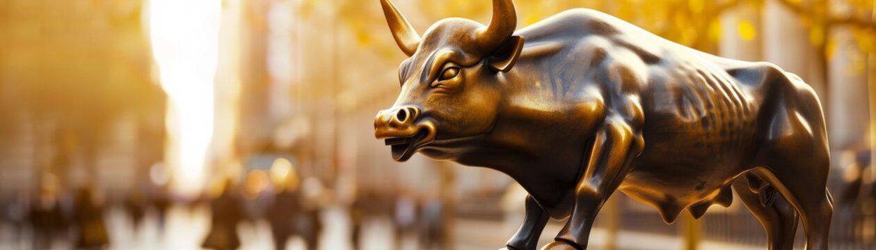 Bull statue with rising stock charts, golden hour light, side angle, symbol of growth low texture