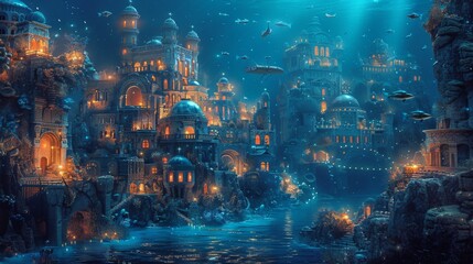 Underwater city illuminated by bioluminescent marine life