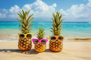 Pineapples standing on sandy beach wearing sunglasses. The sea is in the background. The concept of summer holiday at sea in exotic places