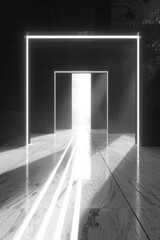 A black and white black of an empty hallway using only lines and light for background