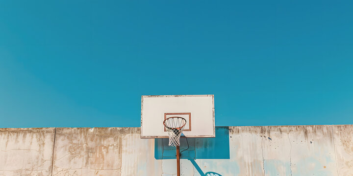 A basketball hoop with a white backboard against a blue sky background. The photo was taken from the side