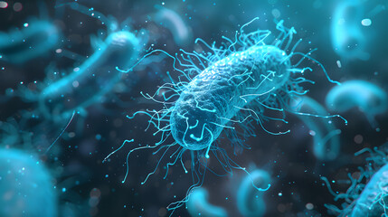 A blue digital rendering of bacteria, showing the individual cells and long strands that make them up. The background is dark with a gradient to give depth