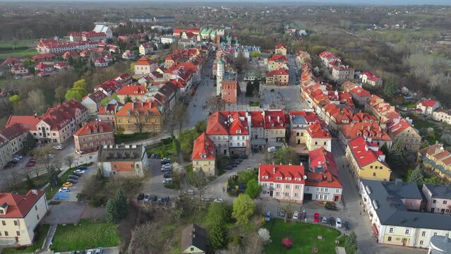 Aerial drone view to the Sandomierz a medieval small town in Poland, located on the Vistula River on seven hills, hence sometimes called Little Rome.