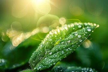 Green leaf with water drops