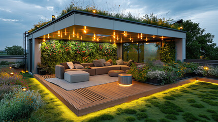 Green rooftop garden lounge with sustainable wood decking, solar-powered lighting, and drought-resistant plants. This outdoor space offers a peaceful retreat