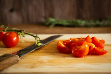 cherry red tomato knife kitchen wooden board 