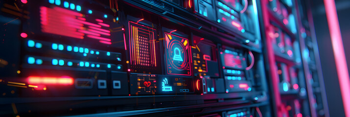A closeup of an advanced server rack with glowing holographic screens displaying data and security icons - obrazy, fototapety, plakaty