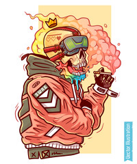 Cool Skull with Crown and Goggles Spraying Graffiti Illustration. Skeleton with VR helm on head. 
