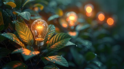 Abstract concept image of a green energy revolution with symbolic imagery like light bulbs and leaves, dynamic and engaging