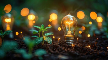 Abstract concept image of light bulbs being powered by renewable energy sources, innovative and creative - obrazy, fototapety, plakaty