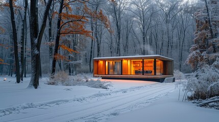 Abstract composition of a biomass heating plant in a snowy forest, with trees and snow in the background