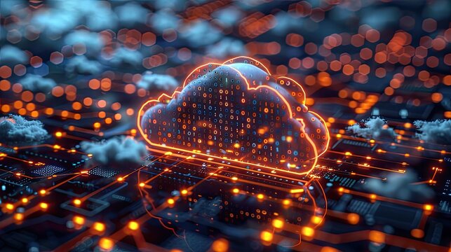 abstract cloud computing concept with fluffy clouds and binary code, technology background