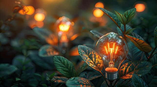 Abstract concept image of a green energy revolution with symbolic imagery like light bulbs and leaves, dynamic and engaging