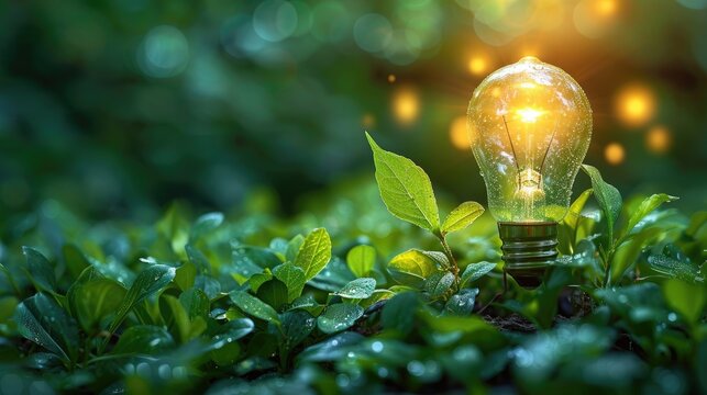 Abstract concept image of a green energy revolution with symbolic imagery like light bulbs and leaves, dynamic and engaging