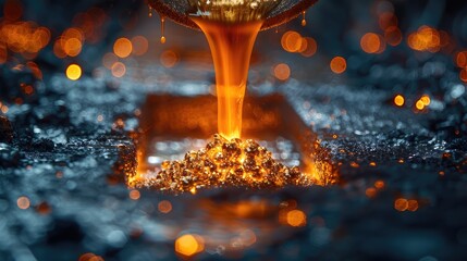 Abstract image of liquid metal being poured into molds, blurred motion, artistic color grading - obrazy, fototapety, plakaty