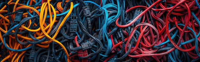 Abstract shot of computer cable management, organized chaos - obrazy, fototapety, plakaty