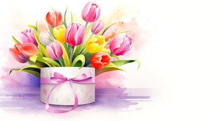 Pink, yellow and red tulips in the round gift box. Watercolor style. Perfect for Woman's Day, Mother's Day, birthday card.