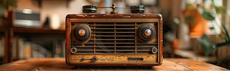 Antique radio broadcasting waves into the air, nostalgic sepia tones - obrazy, fototapety, plakaty