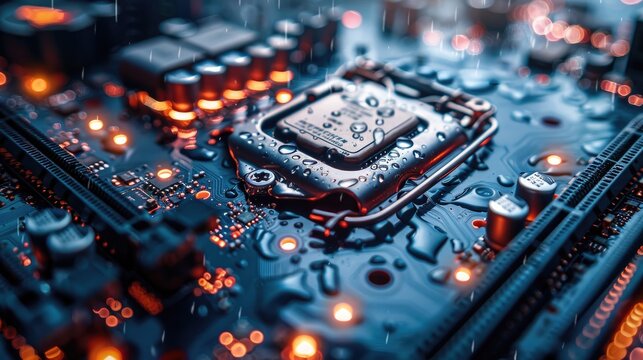 Abstract macro photo of liquid cooling system in computer, futuristic blue tones