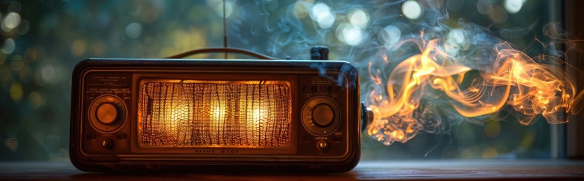 Antique radio broadcasting waves into the air, nostalgic sepia tones