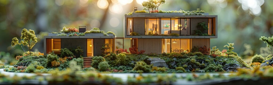 Architectural model of a zero-emission community featuring sustainable housing, renewable energy sources, and shared green spaces