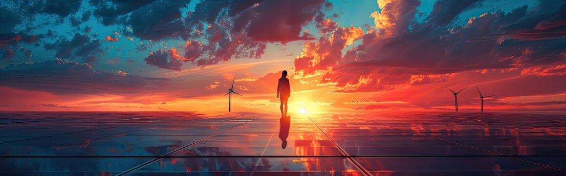 Alternative energy sources like solar panels and wind turbines against a vibrant sunset sky, hopeful and inspiring
