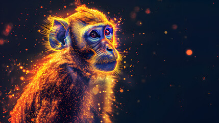 A cute monkey made of glowing particles in the style of digital art - obrazy, fototapety, plakaty