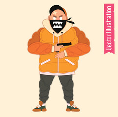 Cartoon illustration of a masked gangster holding a gun in a bold, flat vector style. Ideal for conceptual, crime-related, or urban-themed designs and creative projects in EPS format.