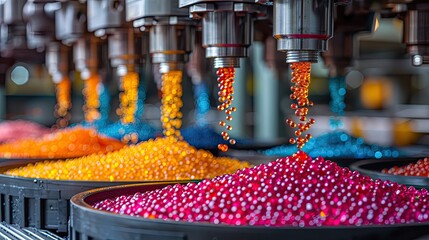 Brightly colored plastic pellets melting in an injection molding machine, liquid plastic flowing into molds