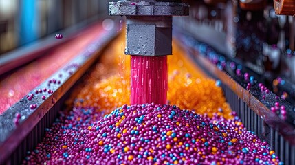 Brightly colored plastic pellets melting in an injection molding machine, liquid plastic flowing into molds - obrazy, fototapety, plakaty