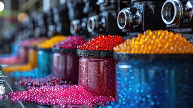 Brightly colored plastic pellets melting in an injection molding machine, liquid plastic flowing into molds