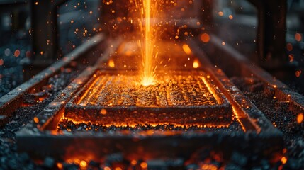 Close-up of molten metal being poured into molds in a foundry, fiery glow - obrazy, fototapety, plakaty